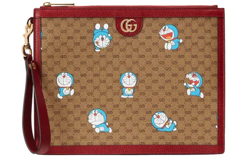 GUCCI Doraemon Collaboration Canvas With Leather Clutch Regular Unisex Ebony/Red