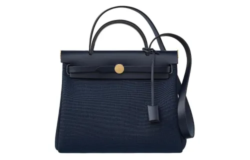 HERMES Herbag Zip Canvas With Hunter Cow Leather Shoulder Bag, Crossbody Bag, Handbag 31 Unisex Deep Sea Blue/Indigo