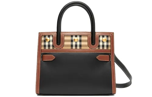 Burberry Leather And Vintage Check Two handle Title Bag Mini Black/Multi