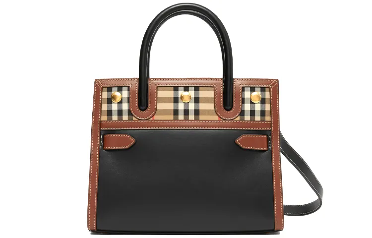 Burberry Leather And Vintage Check Two handle Title Bag Mini Black/Multi