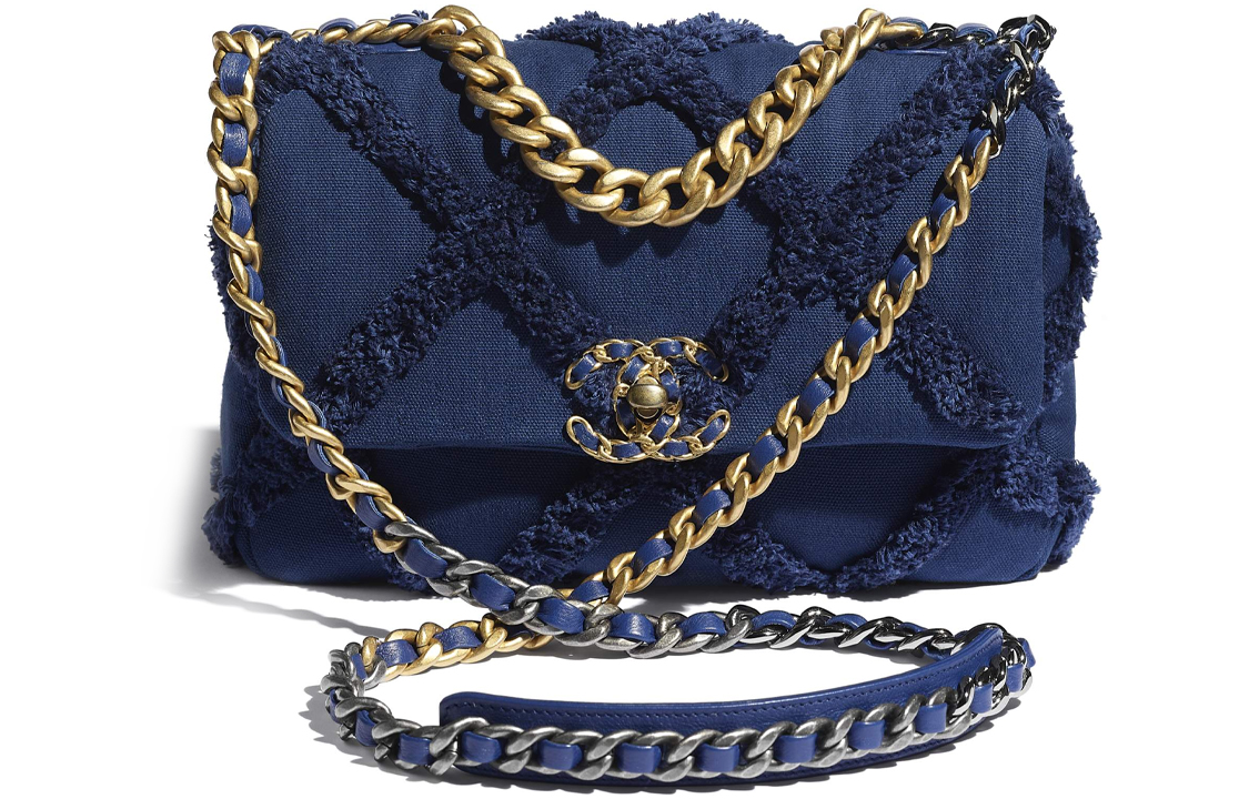 CHANEL 19Bag Cotton Canvas With Calfskin Shoulder Bag, Crossbody Bag Small Women's Marine Blue