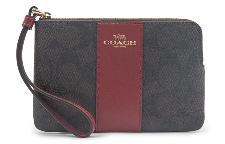 COACH Corner Zip Canvas With Leather Wrist Bag Clutch Coin Purses Women's Dark Brown & Red