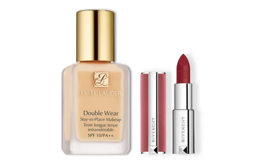 Powder, foundation, makeup primer, lipstick, set, natural and permanent formula, improves skin tone, 2 pieces