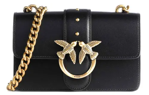 PINKO Grain Leather Bird Bag, Swallow Bag, Crossbody Bag, Shoulder Bag Women's Black & Gold