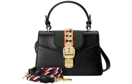 GUCCI Sylvie Leather Handbag, Shoulder Bag, Crossbody Bag Mini Women's Black