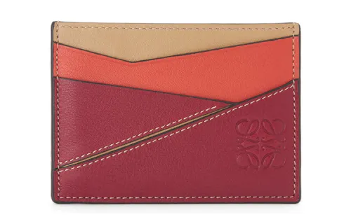 LOEWE Puzzle Calfskin Card Holder Women's Dark Red & Sand Dune