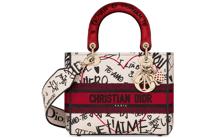 DIOR Lady Dior Embroidery Handbag, Shoulder Bag, Crossbody Bag, Handbag Medium Women's White/Red