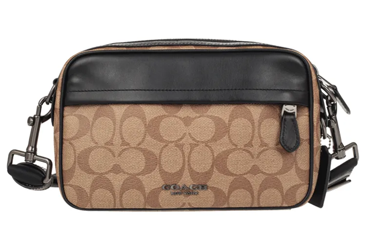COACH Graham Cow Leather Camera Bag, Shoulder Bag, Crossbody Bag Medium Men's Black & Khaki & Brown Monogram