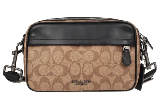 COACH Graham Cow Leather Camera Bag, Shoulder Bag, Crossbody Bag Medium Men's Black & Khaki & Brown Monogram