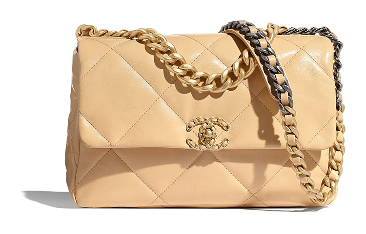 CHANEL 19Bag Shiny Goatskin Metal Flap Bag Handbag, Shoulder Bag, Crossbody Bag Women's Beige
