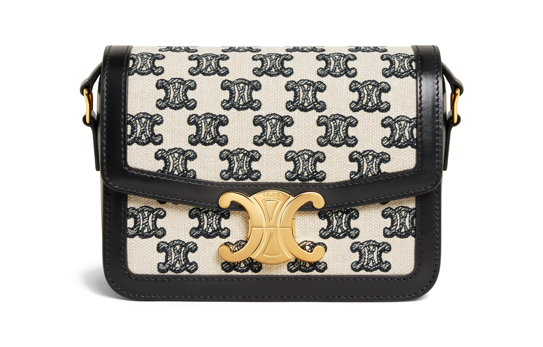 CELINE Teen Triomphe Embroidery Fabric With Cow Leather Shoulder Bag Small Women's Black