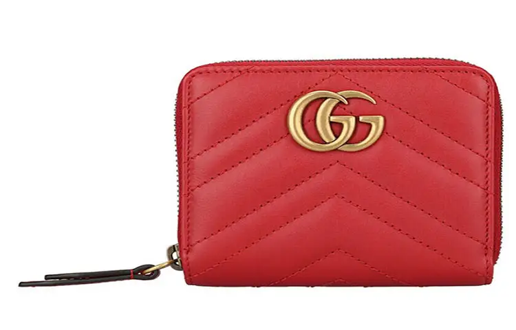 GUCCI GG Marmont Quilted Leather Zippers Wallet Women's Red Gold