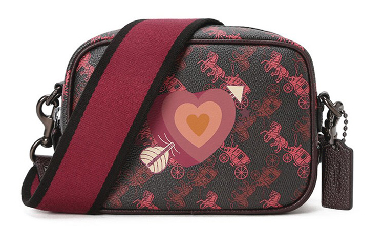 COACH Coach Camera 16 Classic Carriage Pattern Heart Print Coated Canvas and Polished Pebbled Leather Camera Bag Crossbody Shoulder Bag Small Women's Black Red