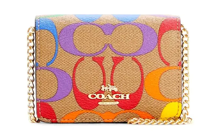 COACH Leather Chain Bag Wallets Mini Women's Khaki