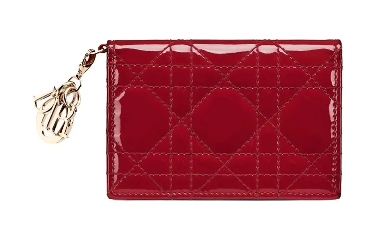 DIOR Lady Dior Wicker Pattern Cow Leather Flap Card Holder Women's Cherry Red