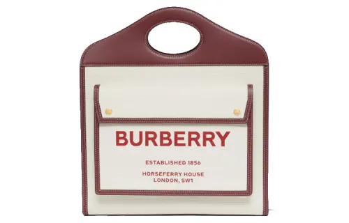 Burberry Pocket Bag Leather With Fabric Crossbody Bag, Handbag Regular Women's Natural Pomegranate Stone Color