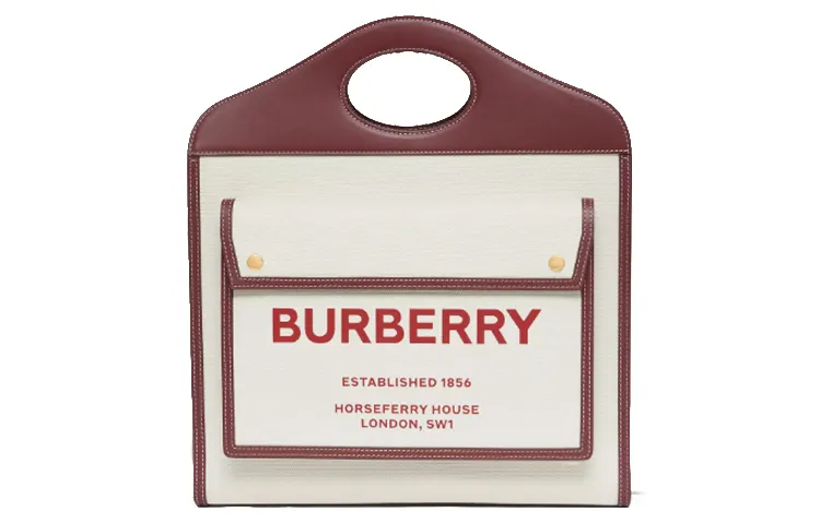 Burberry Pocket Bag Leather With Fabric Crossbody Bag, Handbag Regular Women's Natural Pomegranate Stone Color