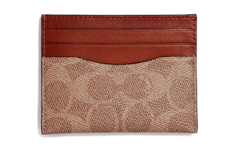 COACH Card Case Artificial Leather With Cow Leather Card Holders Men's Tan/Rusty