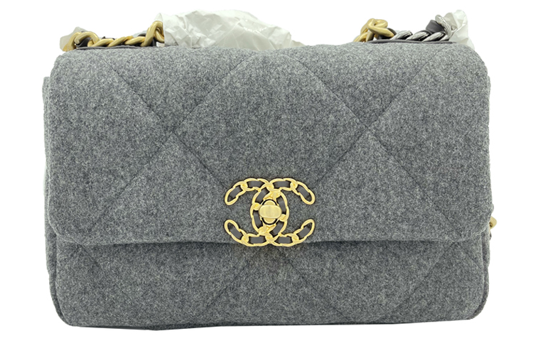 CHANEL 19Bag Wool Flap Crossbody Bag, Shoulder Bag Women's Gray