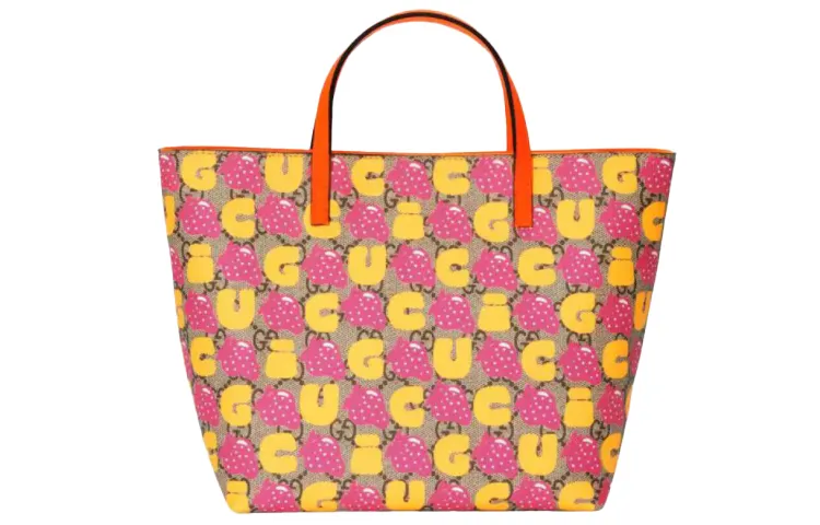 GUCCI Canvas With Leather Tote Bag, Shopping Bag, Handbag Kids' Ebony/Orange Yellow/Multicolor
