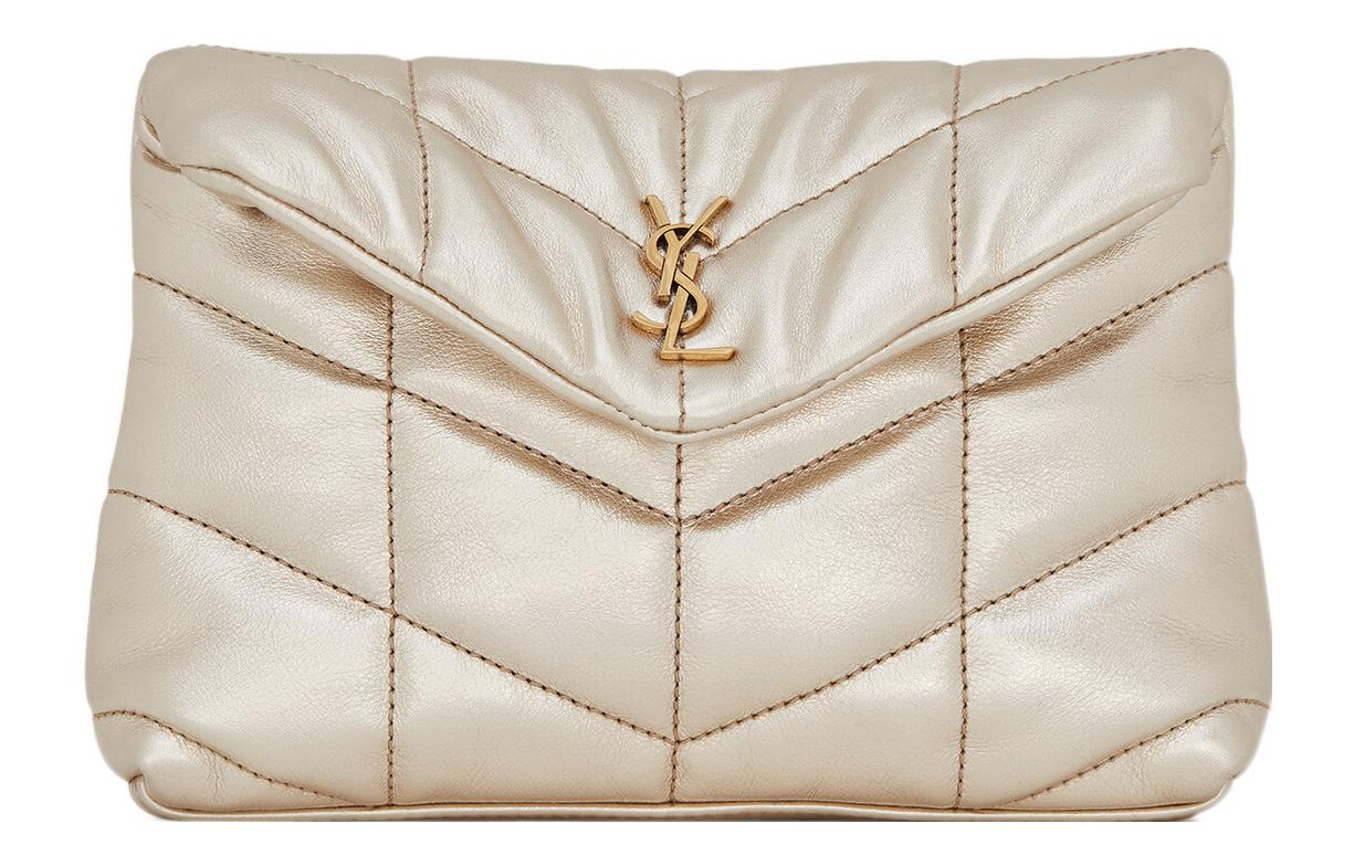 SAINT LAURENT PUFFER Calfskin Clutch Women's Light Gold