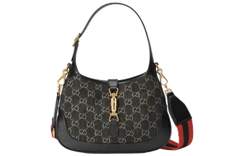 GUCCI Jackie 1961 Canvas With Leather Trim Crescent Shoulder Bag Shoulder Bag, Crossbody Bag Small Women's Black