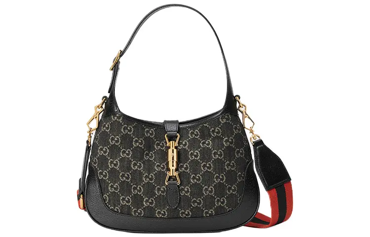 GUCCI Jackie 1961 Canvas With Leather Trim Crescent Shoulder Bag Shoulder Bag, Crossbody Bag Small Women's Black
