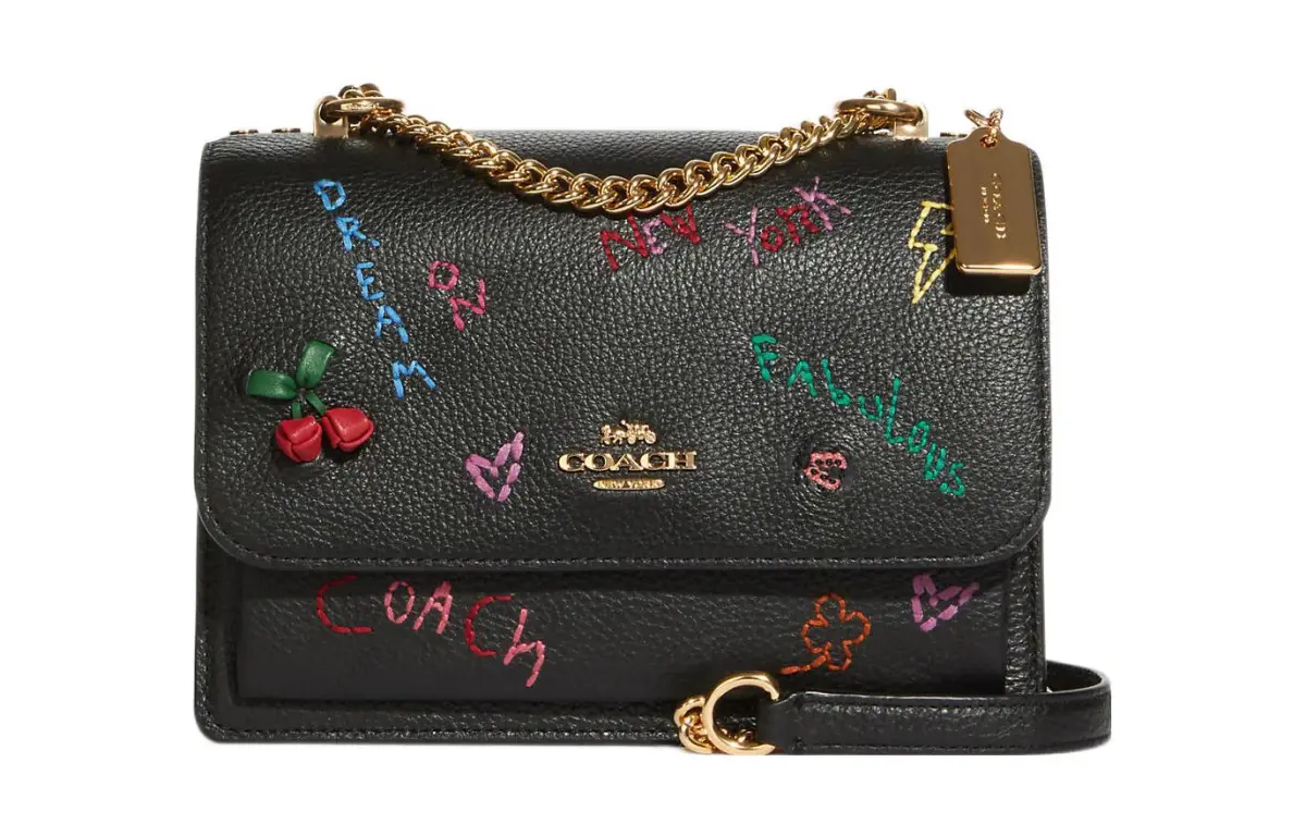 COACH Diary Embroidery Collaboration Klare Leather Trunk Bag, Shoulder Bag, Crossbody Bag Small Women's Black