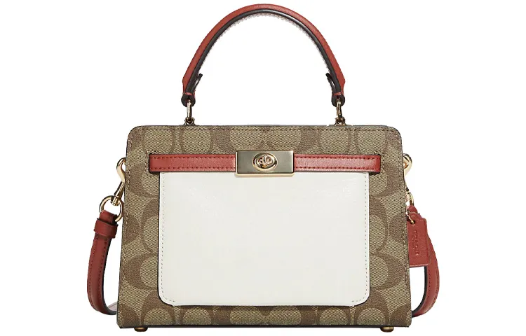 COACH Lane Canvas With Leather Handbag, Shoulder Bag, Crossbody Bag Women's Khaki & White