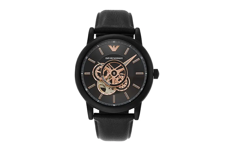 EMPORIO ARMANI LUIGI Wrist Watches Mechanical Movement Genuine Leather Strap Black Dial Men's