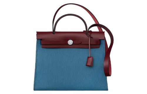 HERMES Herbag Zip Cowhide Patchwork Canvas Shoulder Bag, Crossbody Bag, Handbag 31 Unisex Burgundy/Denim Blue