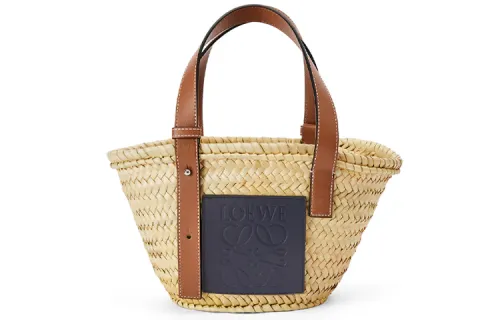 LOEWE AnagramBasket Palm Leaf With Calfskin Vacation Bag, One Shoulder Handbag Women's Brown