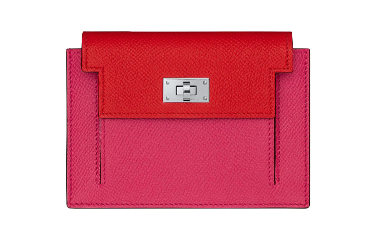 HERMES Hermès Kelly Pocket three-color short cowhide wallet women's bright pink/Shangsiba Island blue
