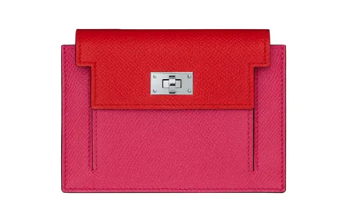 HERMES Kelly Pocket Cow Leather Wallet Women's Bright Pink/Shansiba Island Blue