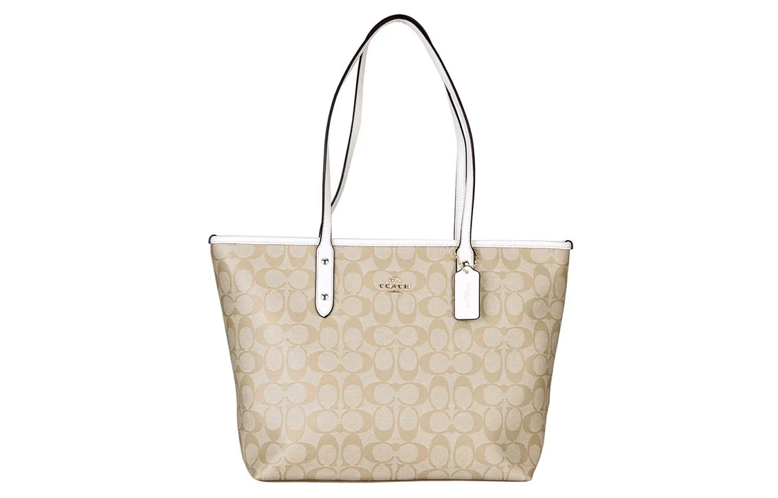 COACH City Zip Tote Canvas Coating With Leather Tote Bag, Shopping Bag, Handbag, Shoulder Bag Women's Light Khaki