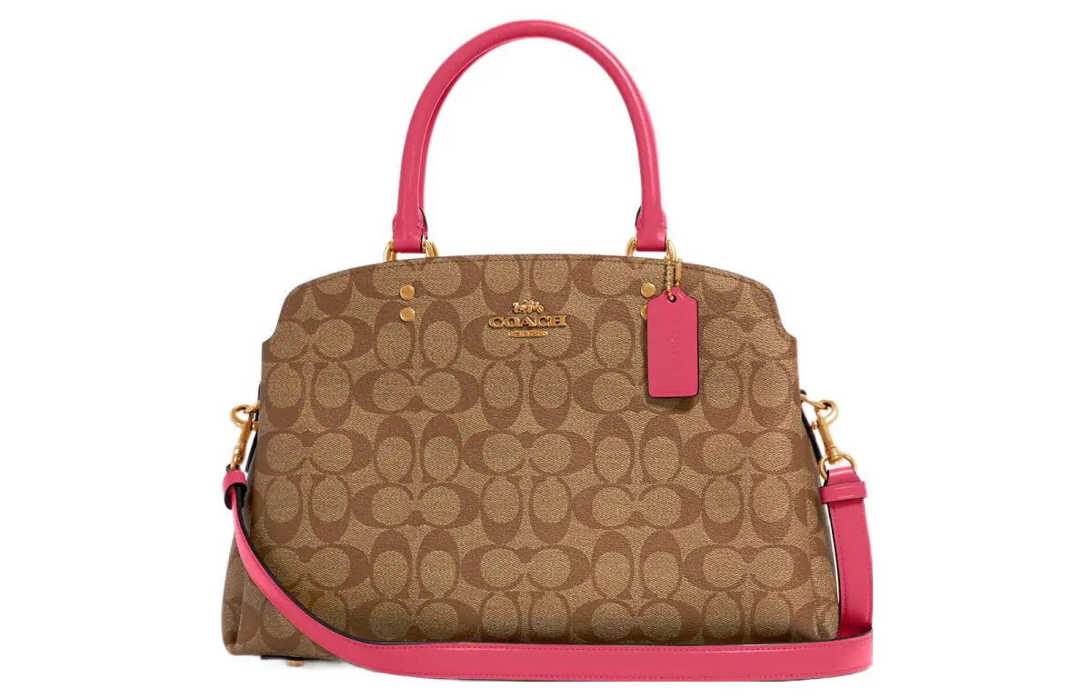 COACH Lillie Coated Canvas With Leather One Shoulder Crossbody Bag, Handbag Large Women's Khaki & Rose Red