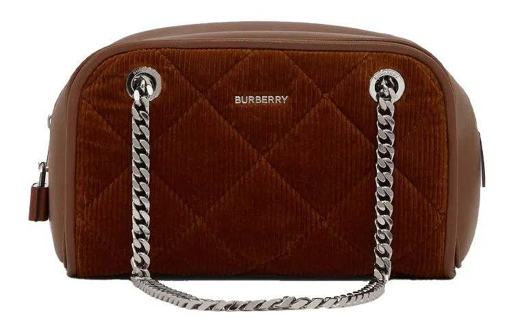 Burberry Cube Corduroy With Lambskin Combination Bowling Bag, Handbag, Shoulder Bag Women's Tan