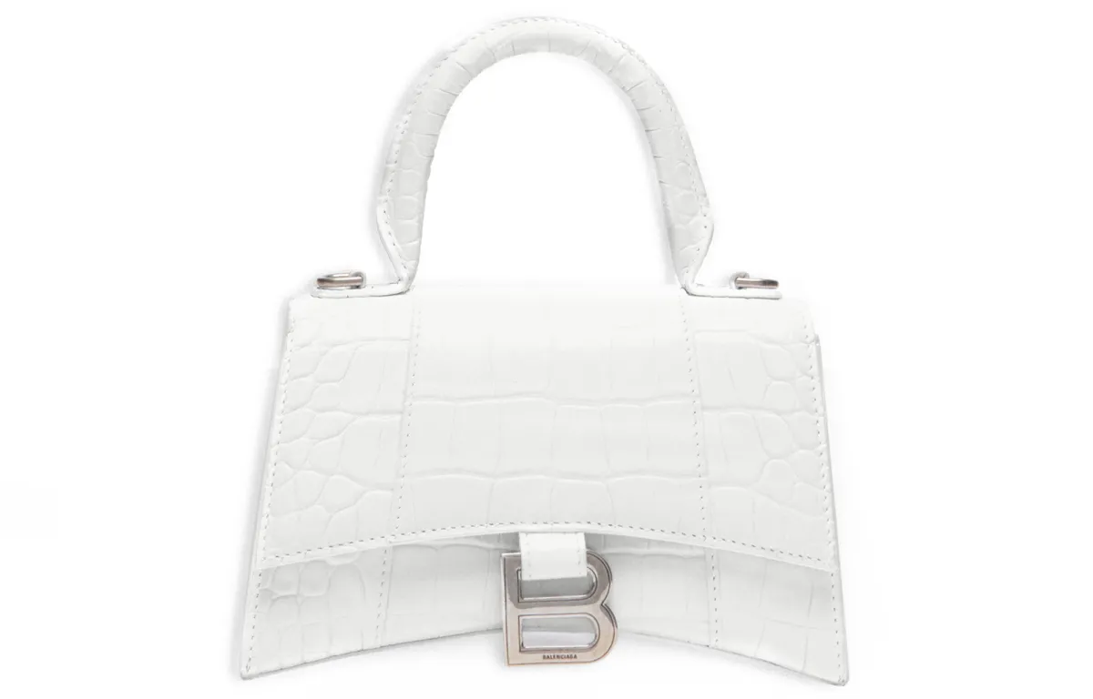 Balenciaga Hourglass Crocodile Embossed Top Handle Bag Xs White