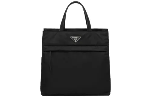 PRADA Recycled Nylon Leather Handle Tote Bag, Shopping Bag, Handbag Men's Black