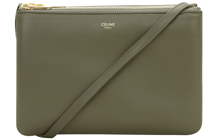 CELINE Trio Zip Closure Sheepskin Shoulder Bag Small Women's Olive Green