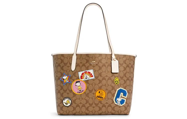 COACH Snoopy, Collaboration City Artificial Leather Tote Bag, Shopping Bag, Handbag, Shoulder Bag Women's Khaki