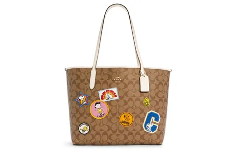 COACH Snoopy, Collaboration City Artificial Leather Tote Bag, Shopping Bag, Handbag, Shoulder Bag Women's Khaki