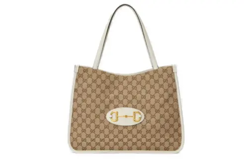 GUCCI Canvas With Leather Tote Bag, Shopping Bag, Handbag, Shoulder Bag Women's Beige Ebony