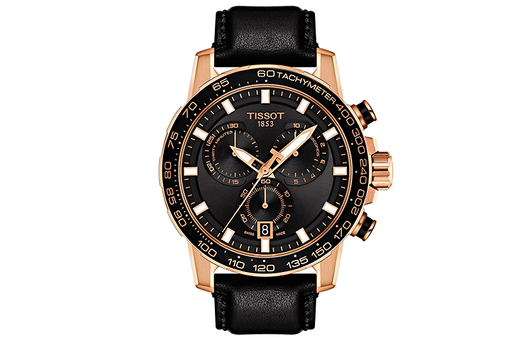 TISSOT Tissot, quartz men's watch, black dial stainless steel, golden gold watch, case, watch strap, quartz mechanism, 45.5mm, 18 carat, pink gold