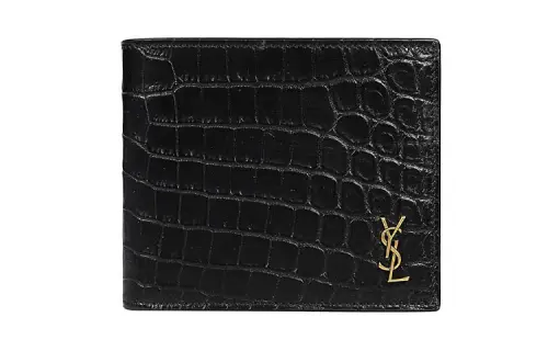 SAINT LAURENT Crocodile Pattern Leather Double Fold Wallet Men's Black