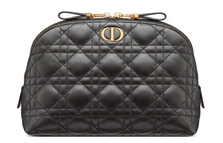 DIOR Caro Series Wicker Pattern Sheepskin Makeup Bag Women's Black