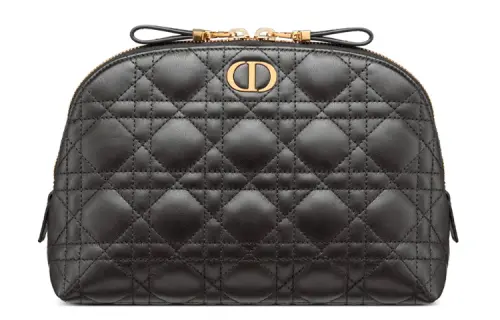 DIOR Caro Series Wicker Pattern Sheepskin Makeup Bag Women's Black