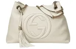 GUCCI GG Embossed Leather Tote, One Shoulder Handbag Women's White