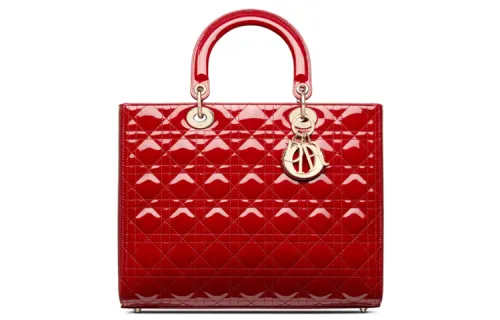 DIOR Lady Dior Metal Accessories Cow Leather Handbag, Handbag Women's Cherry Red