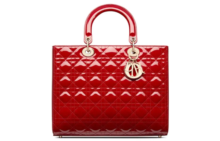 DIOR Lady Dior Metal Accessories Cow Leather Handbag, Handbag Women's Cherry Red